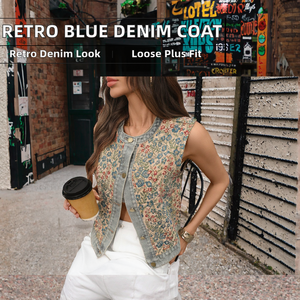 Gilet à manches longues en denim imprimé floral, polyester/coton 500g, pour femme, style décontracté, coupe classique, boutons sur le devant, style usé, printemps - Product Image 2