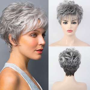 Femmes <span class=keywords><strong>gris</strong></span> crépus bouclés Bob doigt vague Style pour Pixie perruque courte pour Pixie coupe perruque avec dentelle transparente en <span class=keywords><strong>cheveux</strong></span> humains noirs - Product Image 1