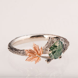 Bague de fiançailles vintage pour femme en argent 925, agate verte mousse, tendance avec brindilles et feuilles, plaqué rhodium pour mariages et fêtes - Product Image 2