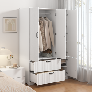 [US Stock] 4 Doors Wooden <strong>Wardrobe</strong> Storage Cabinet <strong>With</strong> Hanging Rod <strong>and</strong> Adjustable <strong>Shelves</strong> Fast Shipping From US MOQ 1 - Product Image 2