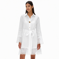 Nouvelle Robe Chemise Courte Midi Bohème Personnalisée pour Femme, Blanche, à Manches Longues, avec Broderie Paisley, Bordure en Dentelle, Boutonnée et Ceinture à Nouer