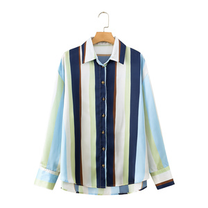 PB&ZA Nuova Collezione Primavera/Estate <span class=keywords><strong>Camicia</strong></span> Casual da Donna a Maniche Lunghe con Colletto e Bottoni a Righe Effetto <span class=keywords><strong>Seta</strong></span> - Product Image 1