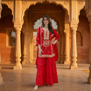Conjunto de Fiesta TENNECY para Mujer, Nuevo Diseño, Top y Pantalón de Georgette Sintético Pesado con Bordado de Lentejuelas, Largo hasta el Tobillo, con Dupatta - Product Image 1