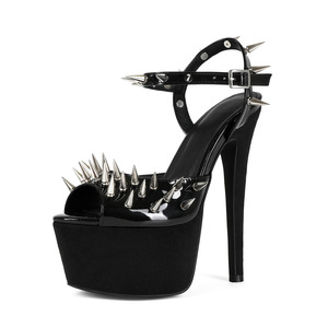 Sandalias de Tacón Alto con Plataforma Negra y Remaches Estilo Club Sexy para Mujer, Tallas Grandes - Product Image 4