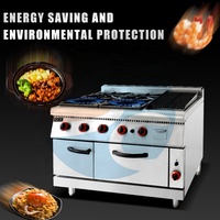 Cuisinière à gaz commerciale robuste à 4 brûleurs et plaque chauffante Four encastré en acier inoxydable pour hôtels restaurants Four combiné