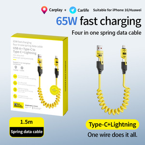 Cable BaseMo 4 en 1 con resorte, carga rápida PD de 65W para dispositivos Apple y Huawei, color amarillo - Product Image 5