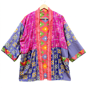 Kimono sari vintage en polyester avec patchs multicolores Robe longue de lune de miel - Product Image 1