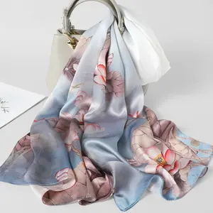 Bufanda chal con estampado Digital de seda pura de China personalizada, logotipo de bufanda de seda Floral femenina de verano de alta calidad