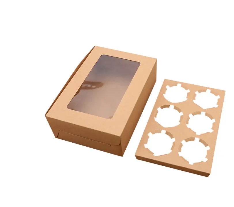 6 hole cupcake carrier with clear window bakery pastry packaging craft paper box wholesale