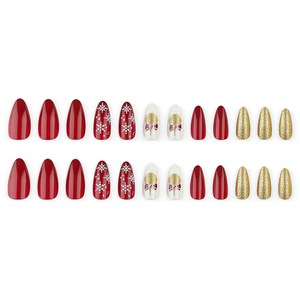 24 Uñas Postizas de Navidad Estilo Ins, con Diseño de Almendra, Copo de Nieve Rojo y Brillo Dorado, Removibles, para Salón, DIY y Fiestas - Product Image 4