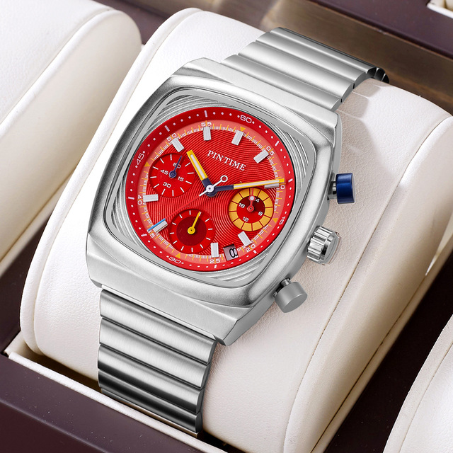 PINTIME Square Men's Watch Multifunctional Six-pin Chronograph Calendar Steel Strap Quartz Watches Waterproof Wristwatch (WA324)