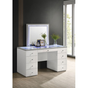 OE.HOME Midcentury 1pc Dressing Vanity with Tempered Glass Top Ball Bearing Glides LED Mirror 5+ <b>Drawers</b> Solid Wood Construction - Product Image 1