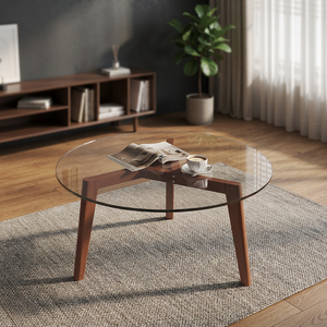 Table basse ronde moderne avec plateau en verre trempé et pieds en bois, design mi-siècle, meubles de salon, facile à nettoyer - Product Image 5