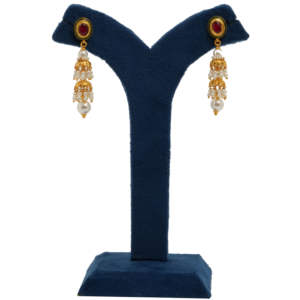 Pendientes Jhumka de oro fino de 22 quilates con perlas y piedra roja, Pendientes colgantes nupciales hechos a mano para mujer, joyería de oro indio de lujo - Product Image 2