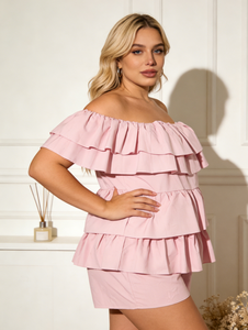 Joyinspring - Pantalones de una Pieza para Mujer, Talla Grande, Color Rosa, Hombros Descubiertos, con Volantes, Sólidos, de Verano, de Secado Rápido, Tejido de Punto, Corte Regular - Product Image 1