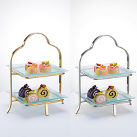 Support de service à 2 niveaux en métal pour gâteaux de mariage, présentoir alimentaire de traiteur, doré, moderne, de luxe, pour restaurant, personnalisable, vente en gros