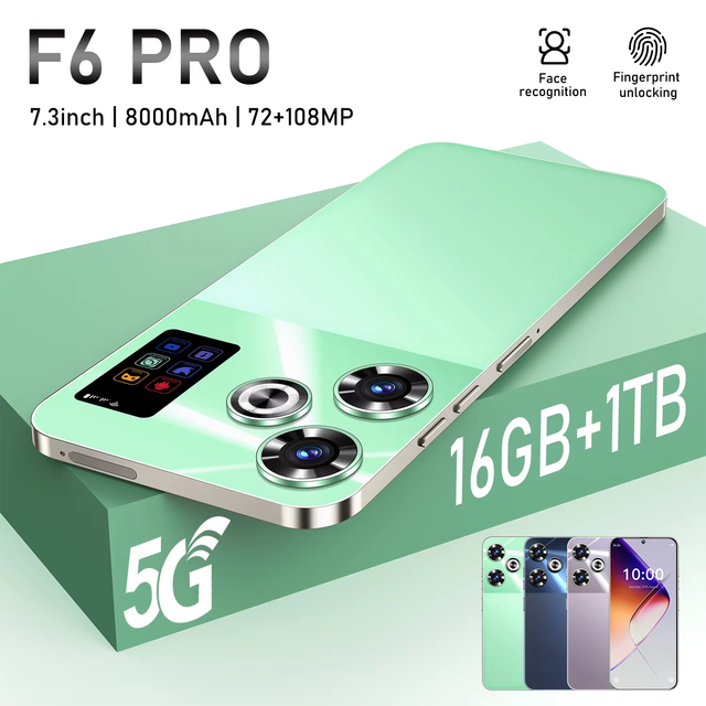 Best Selling 108MP Camera 5G LTE Smartphone F6 Pro with Octa Core 1TB Storage 2K LCD 60W Quick Charge Dual SIM Android 14