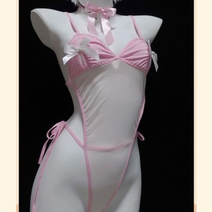 Combinaison sexy transparente avec accents roses en satin, lingerie féminine, costume de jeu de rôle - Product Image 1