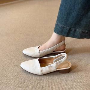 Sheepskin Version~Women's French Soft Leather Comfortable Back Strap <b>Low</b> <b>Heel</b> Peep-<b>toe</b> Pointed <b>Toe</b> Minimalist <b>Closed</b> <b>Toe</b> Sandals - Product Image 2