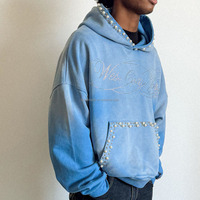 Sudadera con Capucha Azul para Hombre con Pedrería, Estampado con Perlas, Estilo Urbano Oversize, Ropa Personalizada, Proveedor Mayorista OEM ODM