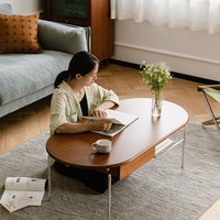 Table basse en bois massif de style nordique, petite table d'appoint ovale avec tiroirs en acier inoxydable pour salon, table de style mi-siècle pour B&B