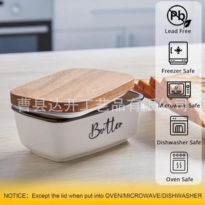 Beurrier en céramique avec couvercle en bois, rectangulaire, hermétique, vaisselle de cuisine - Product Image 4