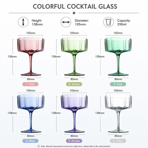 Verres à cocktail Margarita à <span class=keywords><strong>pied</strong></span> en <span class=keywords><strong>verre</strong></span> soufflé à la main, style américain vintage, côtelés et colorés, 290 ml, pour bar, vente en gros - Product Image 2