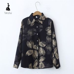 Europe United States Female Wind Floral Print Loose Lapel Long Sleeve <strong>Blouse</strong> <strong>Black</strong> Buttons Stand Collar Front Logo for <strong>Women</strong> - Product Image 2