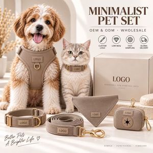 Ensemble de harnais minimaliste pour animaux de compagnie avec collier, laisse, bandana, porte-sac à excréments, quincaillerie dorée, logo personnalisé, boîte cadeau pour chien et chat - Product Image 1