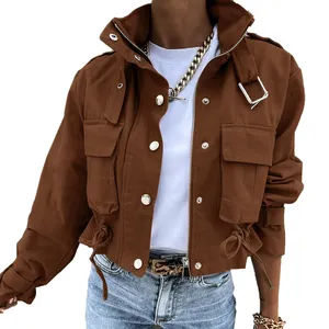 New Style Fashion Customized Bomber Cargo Zipper Jackets Women High Quality Solid Color Heavyweight Jacket For Women