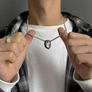 패션 보석 목걸이 힙합 목걸이 인그레이브 러브 더블 링 펜던트 남성용 스테인레스 스틸 펑크 목걸이 - Product Image 3