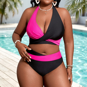 Costume da bagno due pezzi da donna taglie forti 1XL-4XL, bikini a blocchi di colore con scollo all'americana e incrocio sul retro, per la spiaggia - Product Image 2