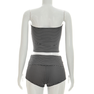 Viviblook D26ST116 Women Summer <b>Set</b> Sexy Striped Strapless Sleeveless Crop Top High Waisted Folded Waist Shorts Two Pieces <b>Set</b> - Product Image 4