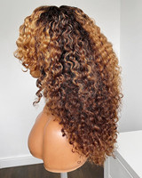 Perruques Lace Front en Cheveux Humains à Cuticules Alignées, Ondulées Bouclées, Couleur Mèches Blond Miel, avec Frange Complète