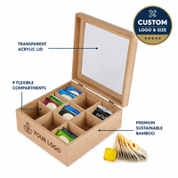Boîte à thé en bambou moderne personnalisée avec logo, 9 compartiments, coffret en bois de qualité supérieure, couvercle en acrylique transparent, stockage de luxe de qualité alimentaire