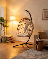 Fauteuil suspendu en forme d'œuf avec structure en acier robuste, en rotin tressé, pour patio, intérieur et extérieur, avec coussin