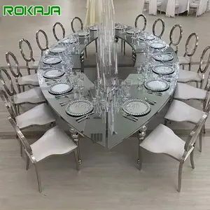 Lusso ovale specchio piano in vetro nastro struttura in acciaio inox grande tavolo da pranzo Multi sedile banchetto tavoli e sedie da sposa Set