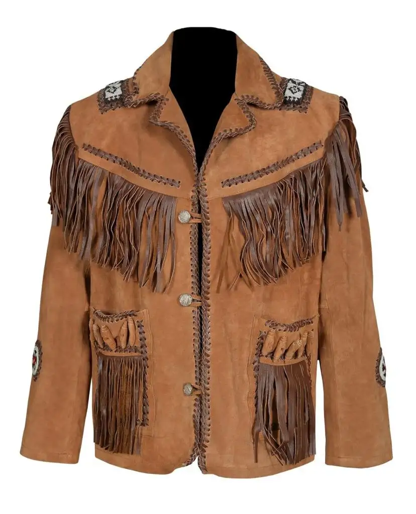 New Men Brown Western Style Sued Cow Boy Leather Jacket