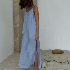 Estate 2025 <span class=keywords><strong>blu</strong></span> <span class=keywords><strong>con</strong></span> spalline sottili senza maniche <span class=keywords><strong>con</strong></span> <span class=keywords><strong>spacco</strong></span> sul retro camicie da notte notte da notte abiti lunghi Casual da sole da donna - Product Image 2