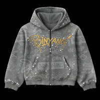 Sweat à capuche court zippé personnalisé OEM ODM pour homme, 100 % coton, hiver, imprimé graffiti strass sur toute la surface, patchwork, bords bruts, streetwear