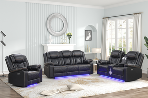 Modern Contemporary LED Power Recliner Set with Convertible Faux Leather and <b>Wood</b>/Metal <b>Frame</b> in Black for Apartment Use - Product Image 3