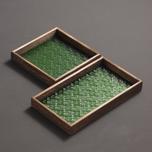 Plateau à thé en bois de style japonais avec insert en verre, plateau de service rectangulaire pour le rangement des tasses à thé, plateau à fruits - Product Image 4
