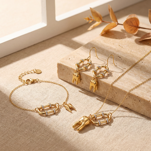 Set Perhiasan Kalung, Anting, dan Gelang Berlapis Emas 18K dengan Zirkonia Kubik untuk Wanita, Hadiah Perhiasan Gigi Unik - Product Image 1