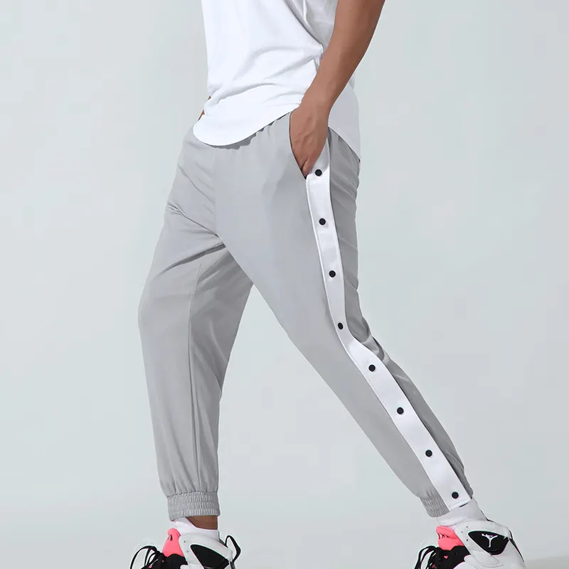 Mid Waist Panel Jogger Basketball Pants Full Length Black Stripe Split Mens Street Hip Hop Side Buttons Close Sweatpants