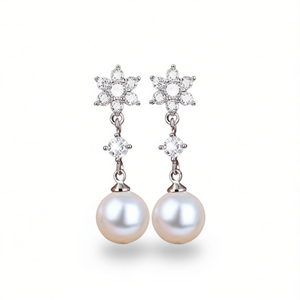 Orecchini Pendenti a Fiore in Oro Bianco con Perla Akoya AAA Rotonda, Montatura a Griffe in Argento 925 Placcato Rodio, Gioielli Classici da Donna per Matrimonio - Product Image 1