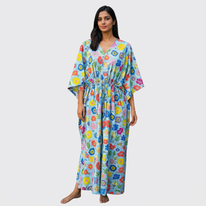Robe kimono florale pour femmes, col en V, manches mi-longues, vêtement de détente long avec cordon de serrage - Product Image 1