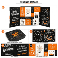 Boîte de calendrier de l'avent d'Halloween en noir mat de luxe avec fermeture magnétique, ruban orange, 24 compartiments, emballage cadeau surprise