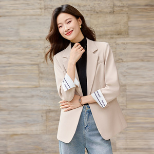 Women's Blazer Spring Autumn 2025 Coffee Color Solid Splicing Anti-Wrinkle Polyester Worst Fabric Professional Commuting Top - Product Image 2