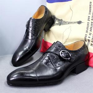 Chaussures en cuir pour hommes, classiques et luxueuses, à motif d'autruche, avec boucles réglables, pour les soirées, chaussures habillées et richelieu pour hommes - Product Image 3