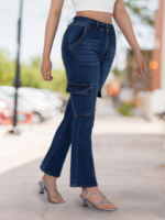 Jean cargo taille haute évasé en denim délavé et déchiré pour femme, grande taille, été 2026, avec double bouton et poches latérales